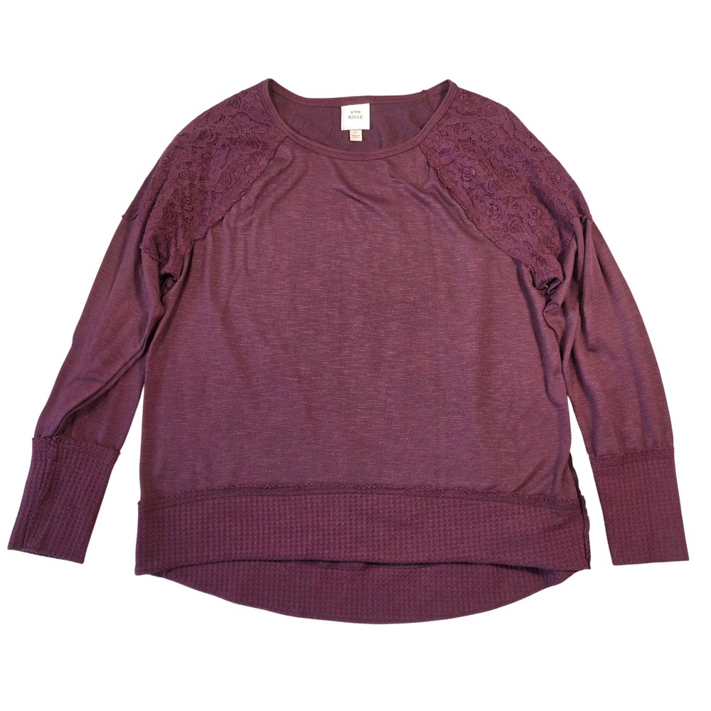 Knox Rose Burgundy Lace Sleeve Waffle Knit Tunic Top Womens L Wester Boho Preppy